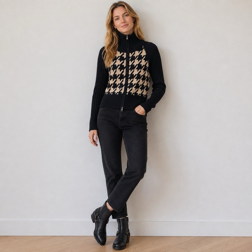 Autumn Cashmere Cardigan Full Zip Women Size L Black Tan Houndstooth Classic